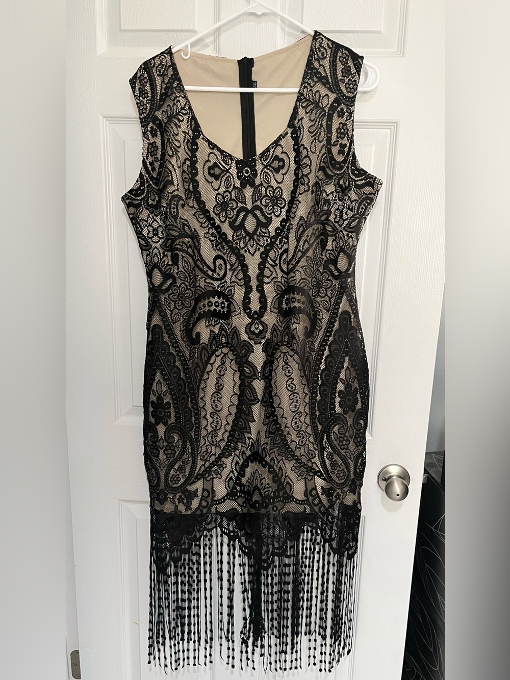 V-Neck Midi Dress w/ Lace Overlay and Fringe Hem line - 1920s Flapper Inspired